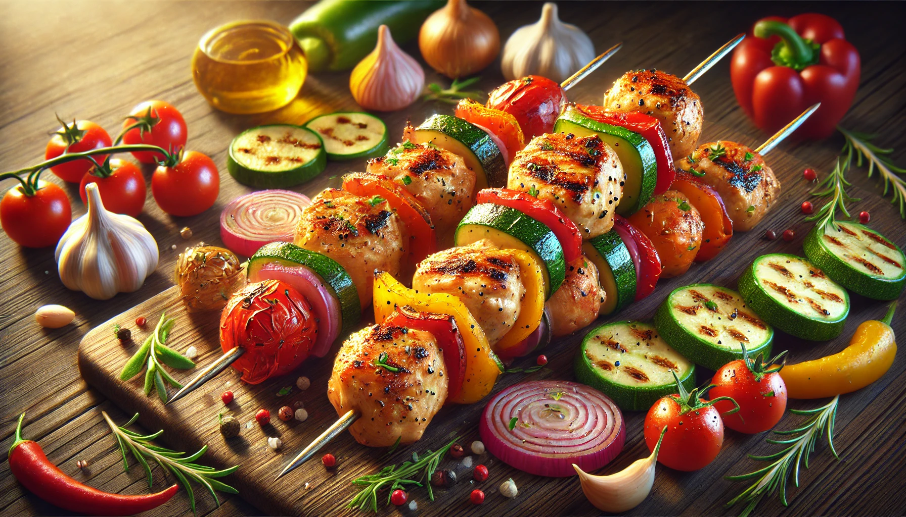 healthymealideas-chickenskewers chicken skewers with roasted or grilled veggies for a healthy meal idea on a budget