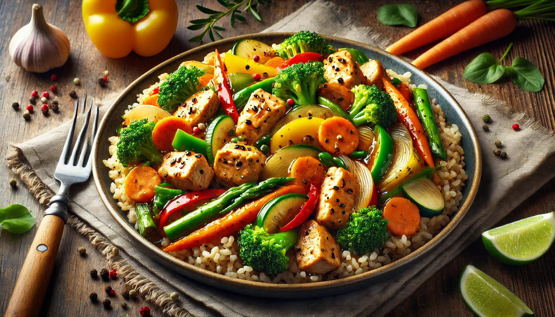 healthymealideas-chickenstirfry Chicken Stir-fry over some brown rice as a health meal idea