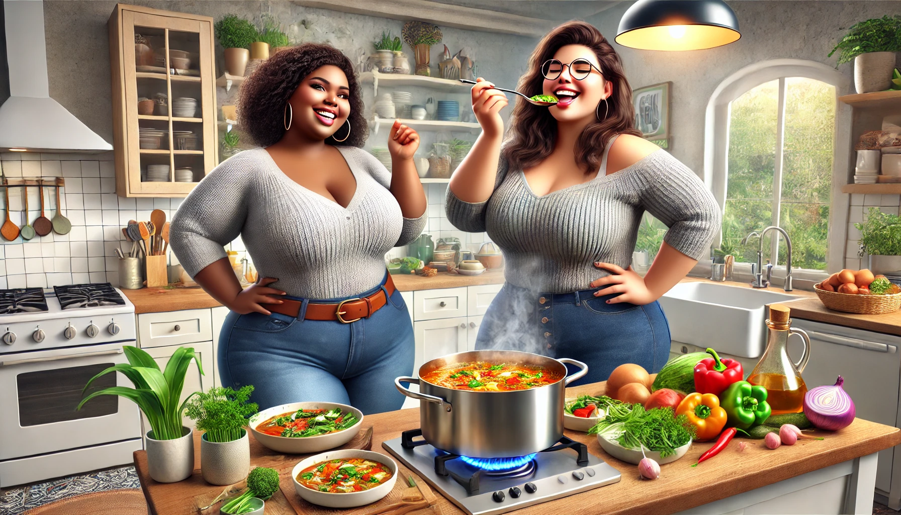 healthymealideas-tastetest plus size women cooking healthy and taste testing
