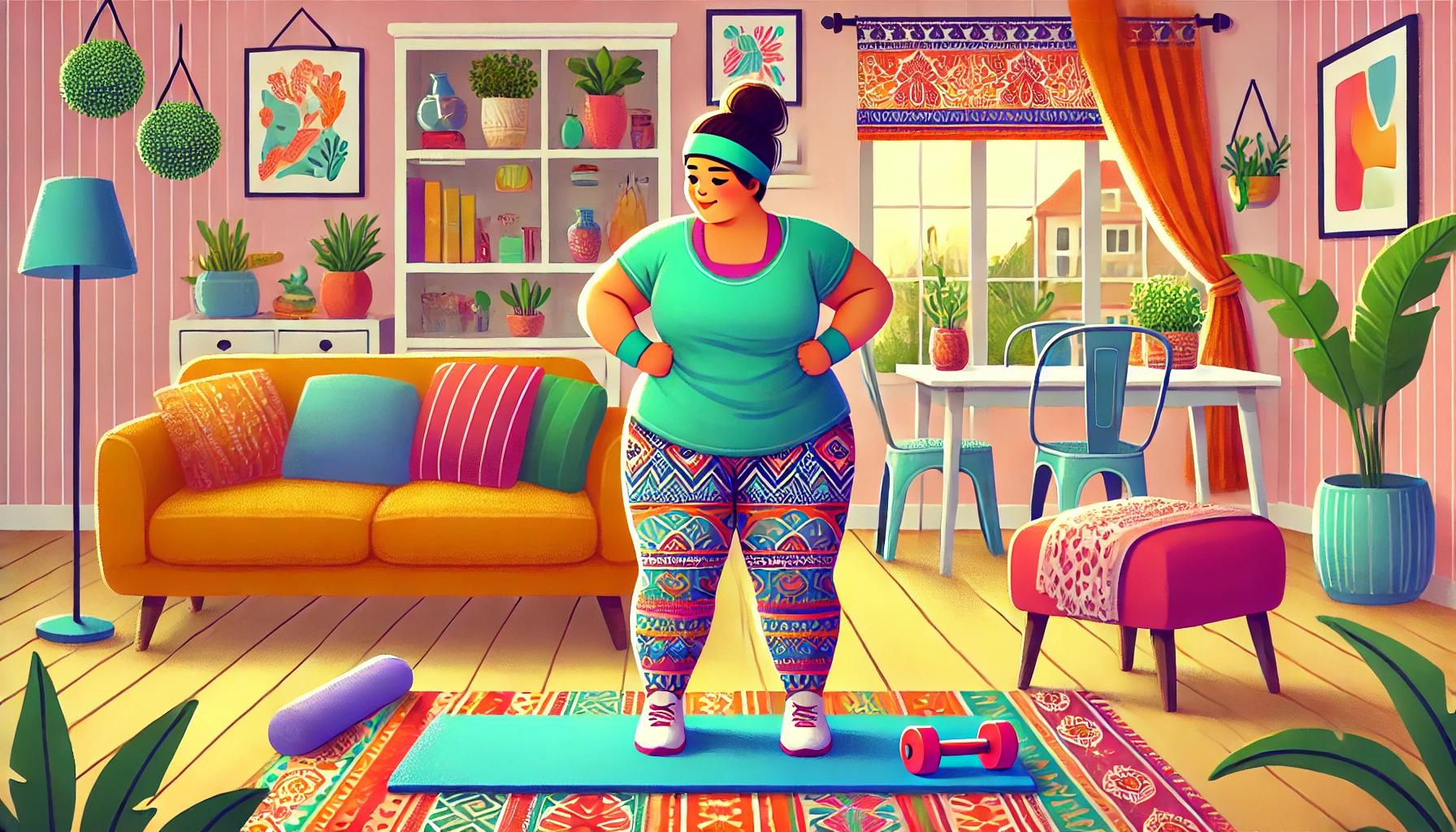 plus size woman about to do her plus size workout in her living room