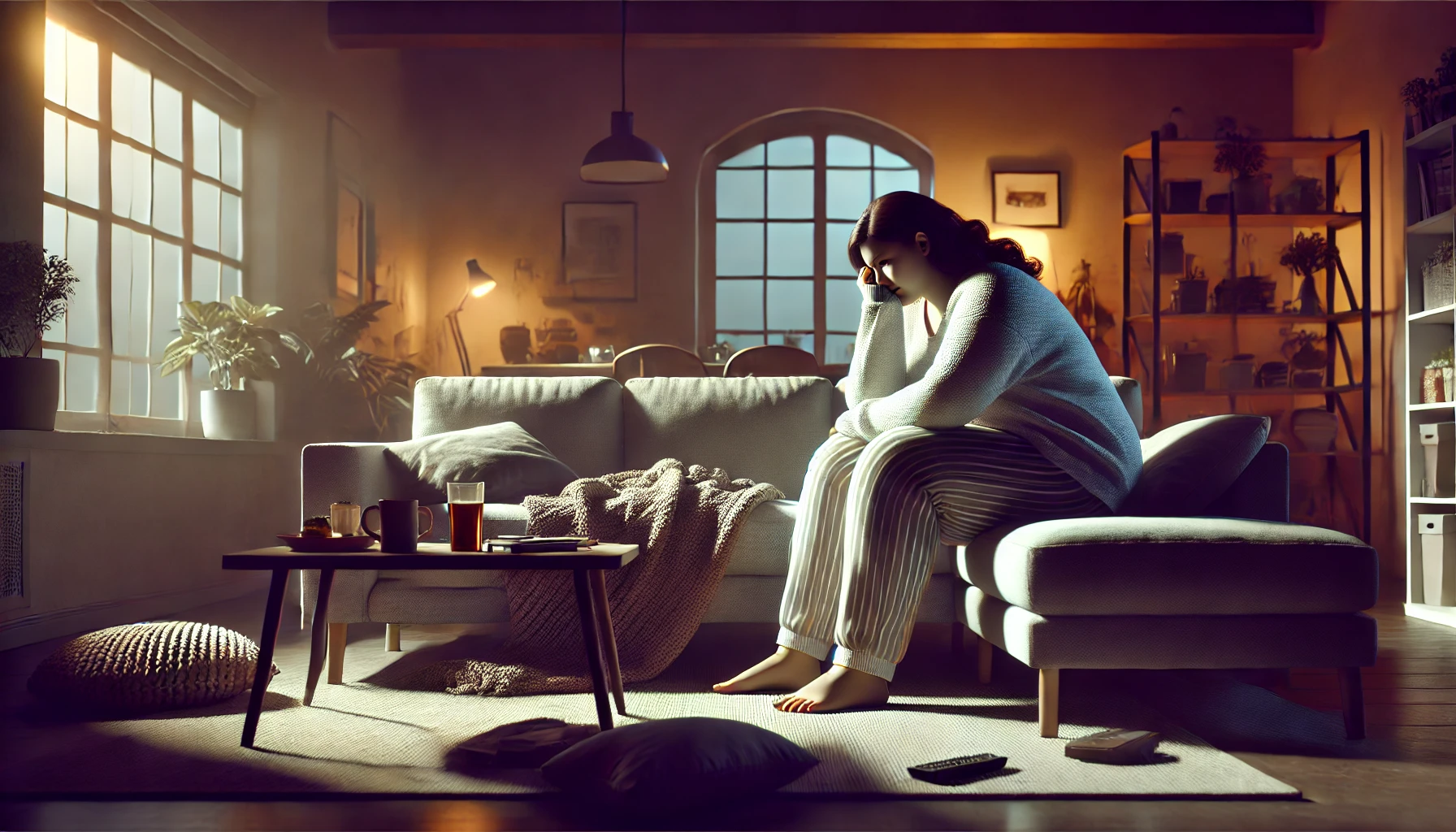 plussizefitnessmotivation-isolation A depressed plus size woman sitting on her couch isolated