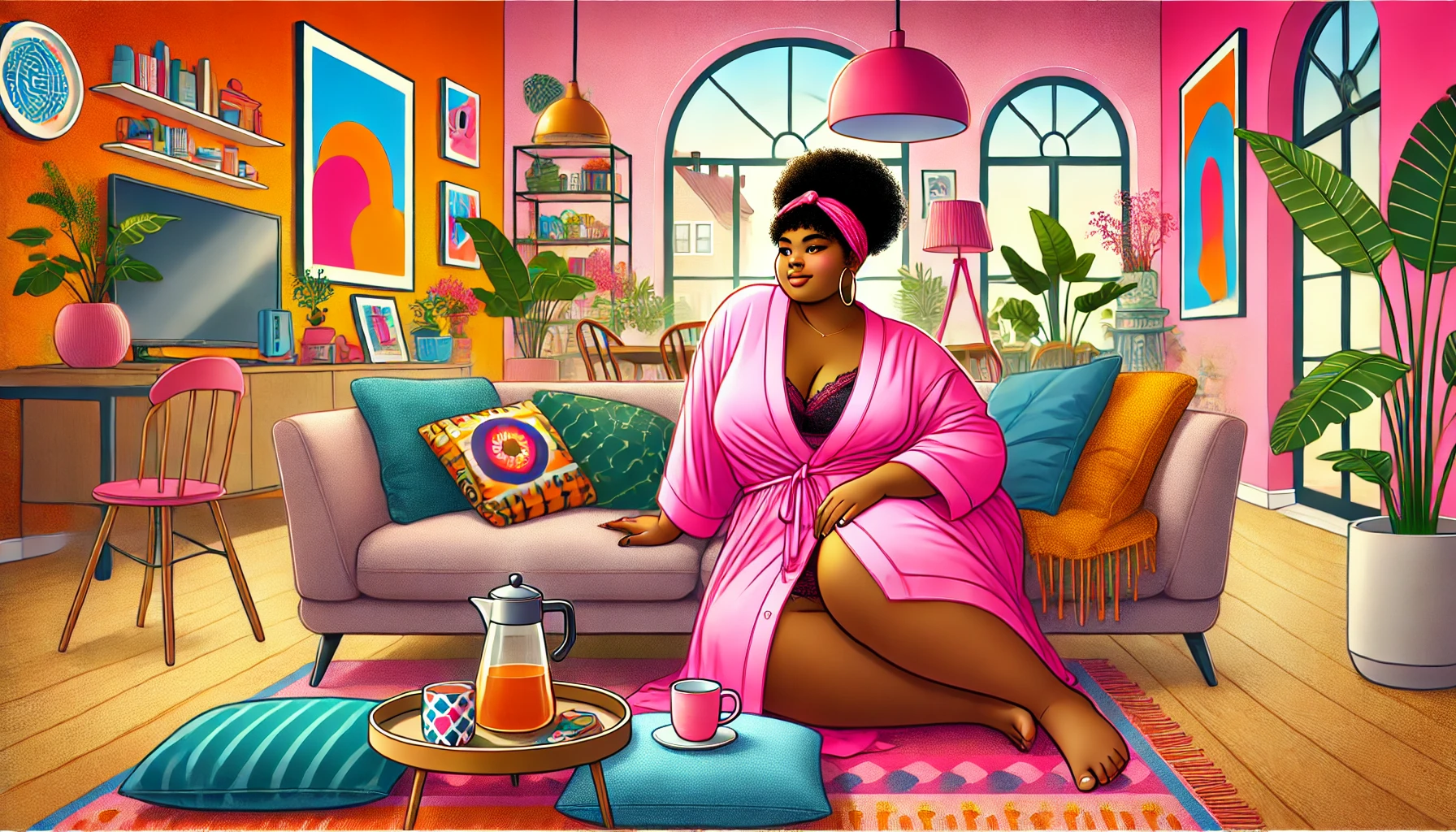 plussizefitnessmotivation-selfcare plus size woman in her cozy pink robe doing some self care by drinking her favorite tea