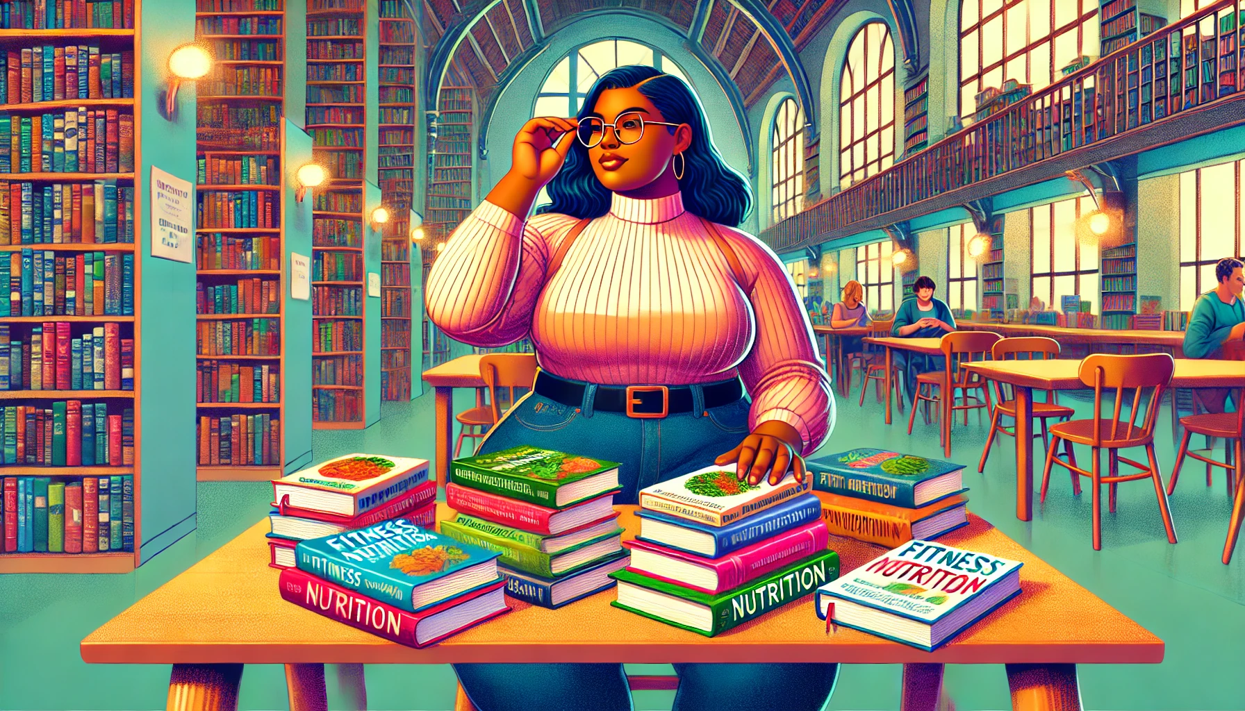 plussizefitnessmotivation-studying plus size woman in the library reading fitness and nutrition books