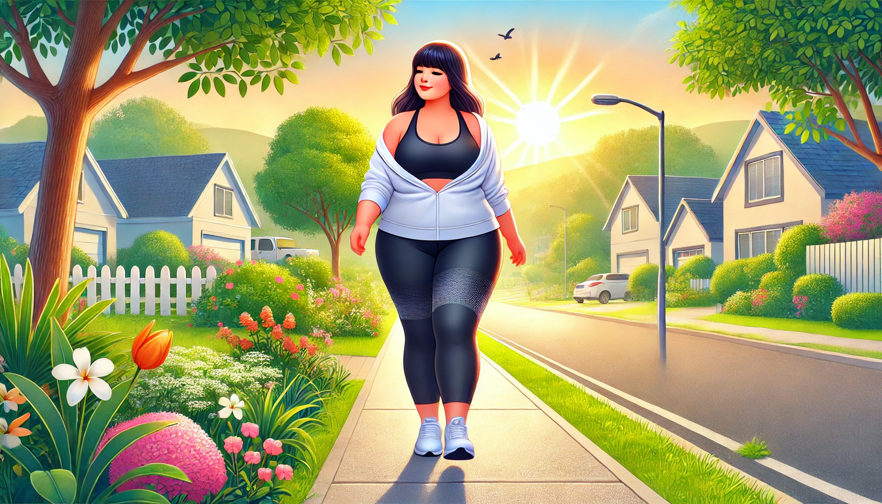 plussizefitnessmotivation-walking plus size woman walking in the morning in her neighborhood for accountability