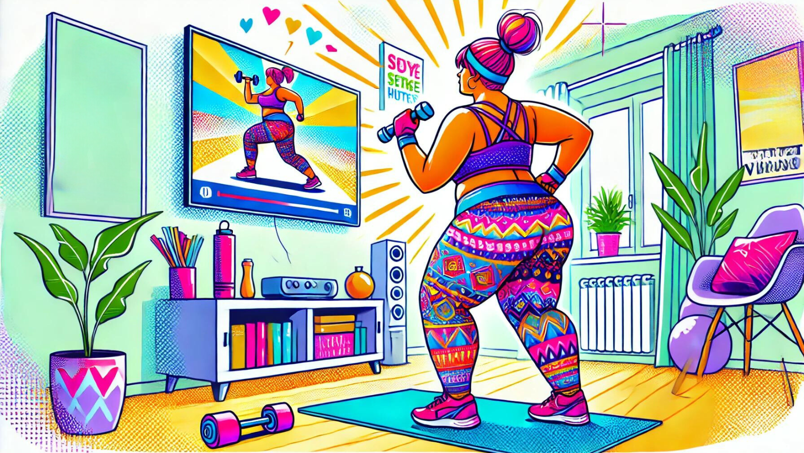 plussizefitnessmotivation-workingoutathome plus size woman working out to a fitness video at home
