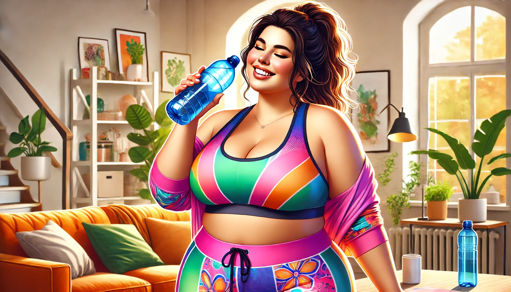 plus size woman drinking water after her plus size workout