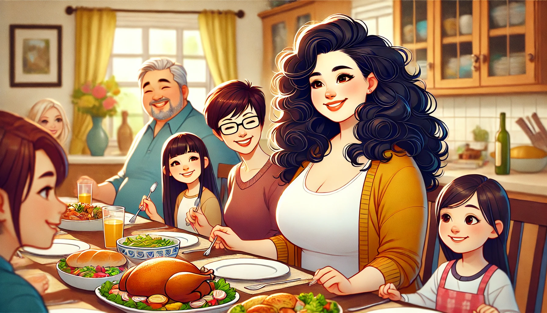 plussizewoman-healthyeating-famiy plus size woman eating healthy with her family at the dinner table