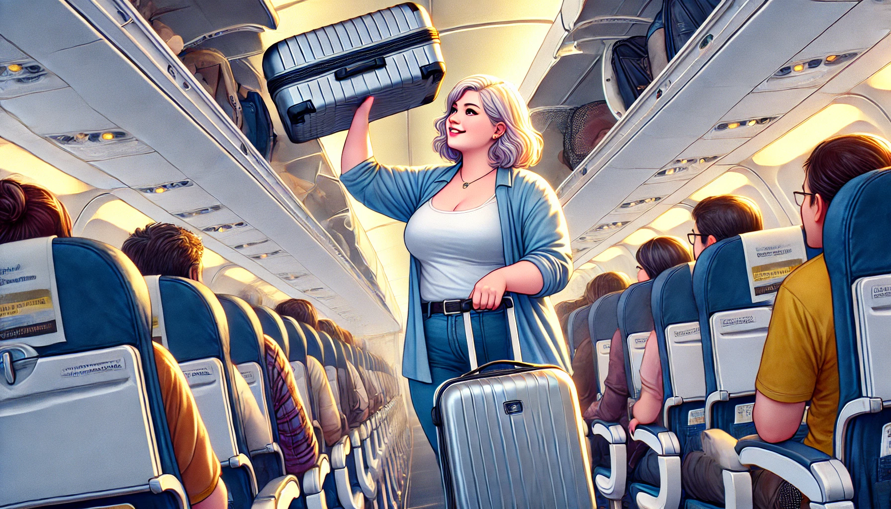 plus size woman placing luggage in the overhead bin
