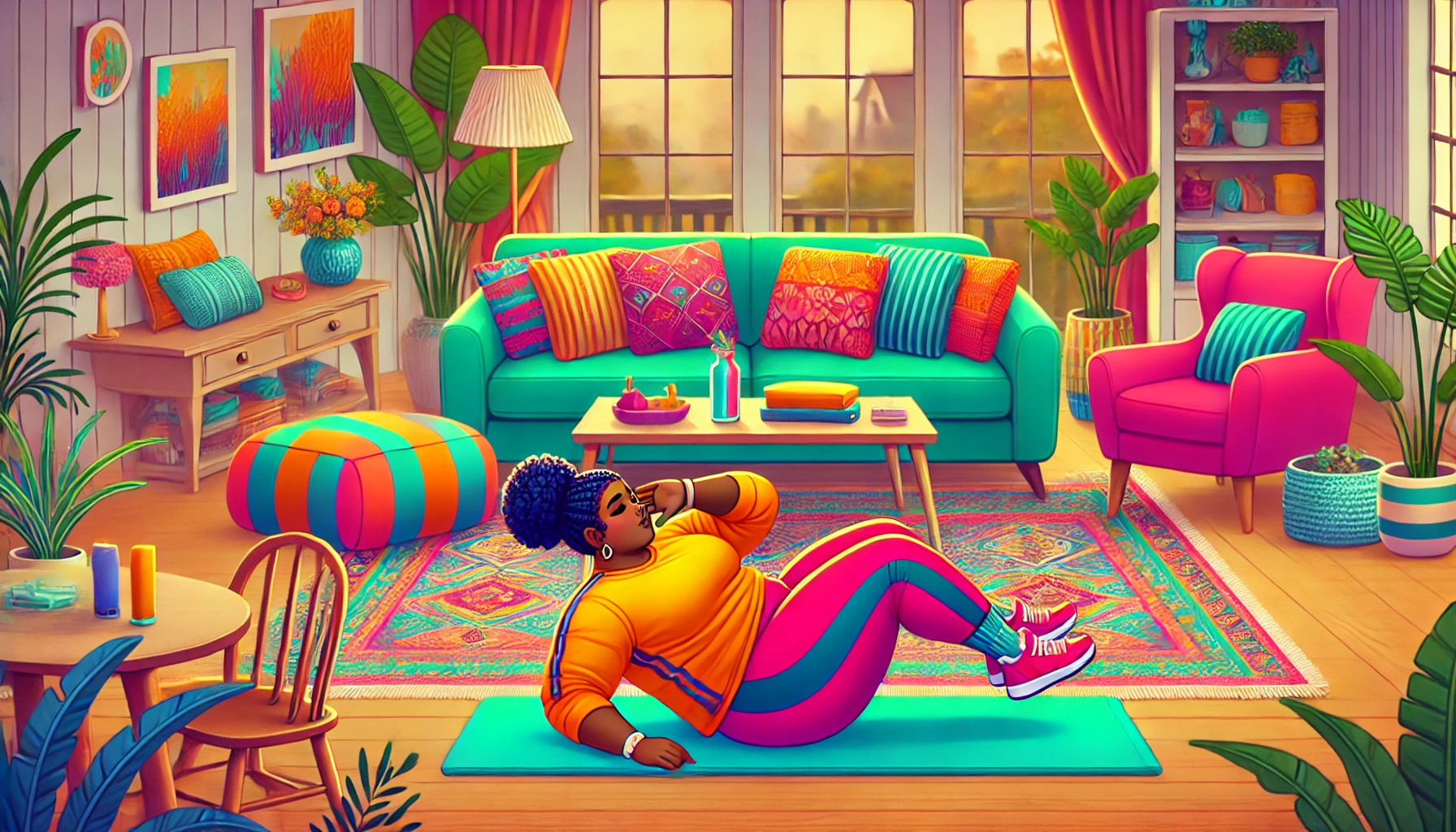 plus size woman doing crunches for her plus size workout in her living room