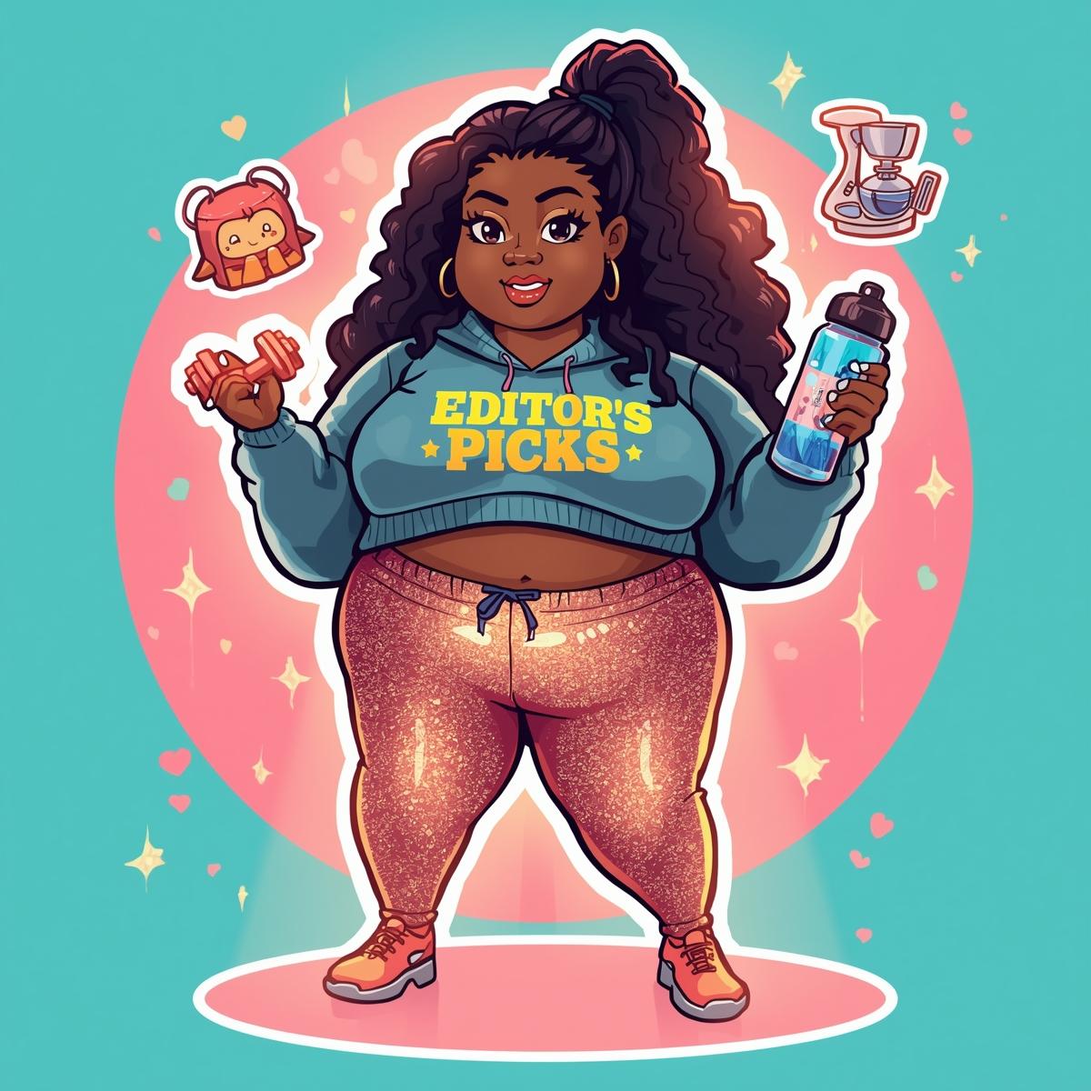 curvy-goddess-black-friday-favorites-sticker Sticker-style illustration of a plus-size Black woman in sparkly rose-gold athleisure holding her favorite fitness and wellness items, representing Curvy Goddess Black Friday Favorites.