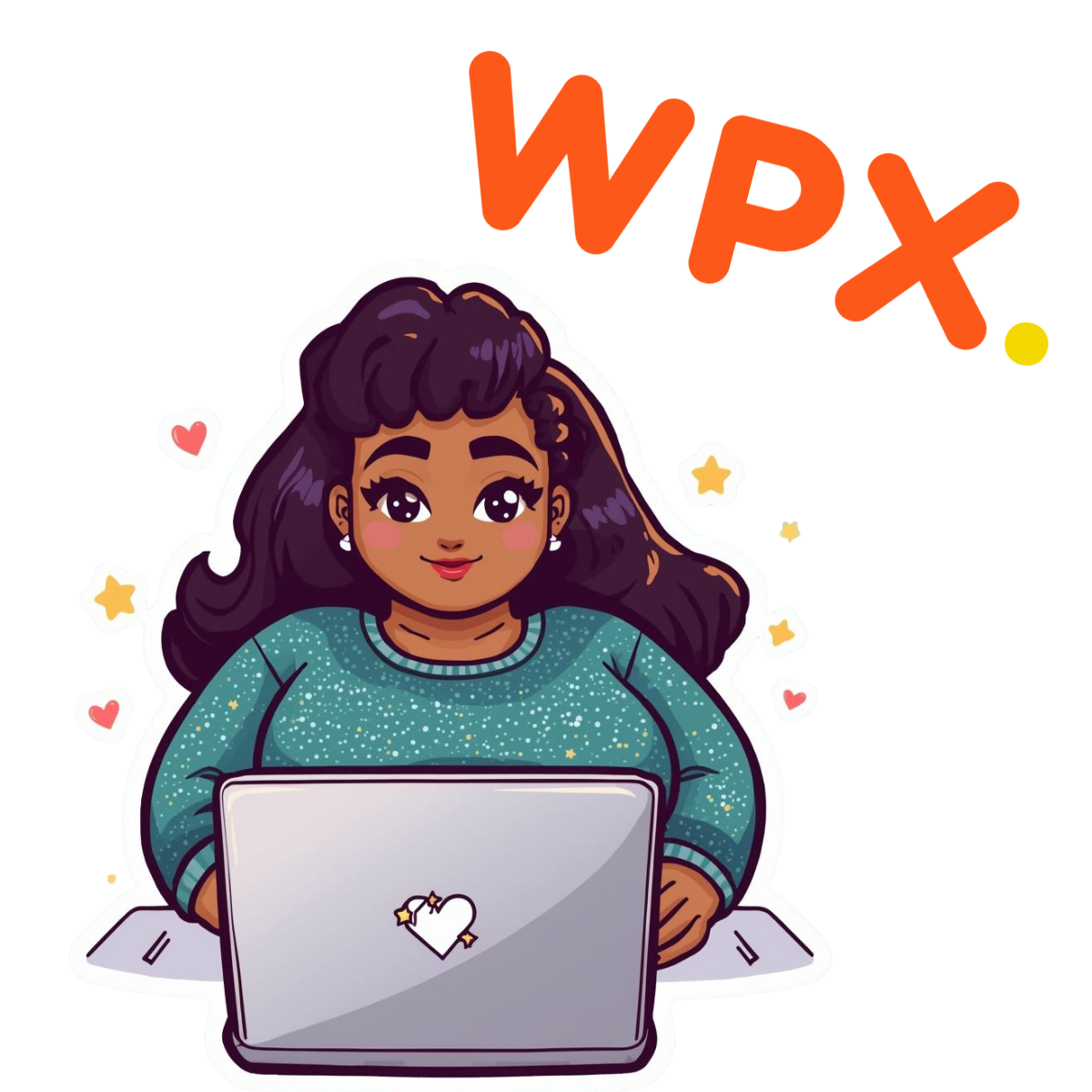 curvy-goddess-brand-tools-sticker-laptop-wpx “Sticker-style illustration of a plus-size woman in sparkly athleisure sitting behind a laptop, representing Curvy Goddess brand tools and tech with wpx