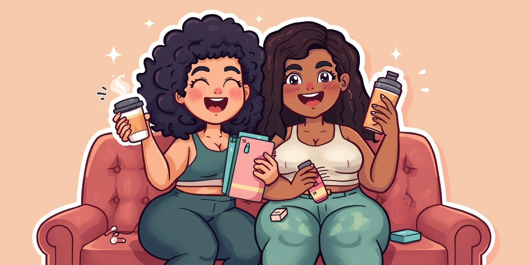 dianes-daily-must-haves-plus-size-fitness plus size personal trainer, Diane sitting on the couch with friend sharing her daily must haves for fitness and wellness illustration