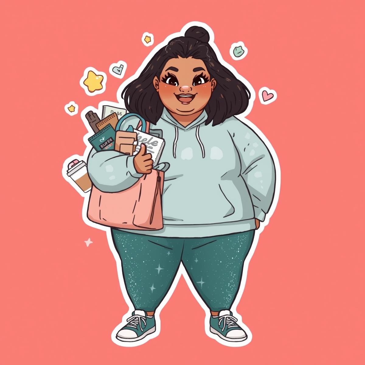 dianes-daily-must-haves-sticker Sticker-style illustration of a plus-size Asian-American woman in sparkly teal athleisure carrying her daily wellness essentials, representing Diane’s Daily Must-Haves collection.