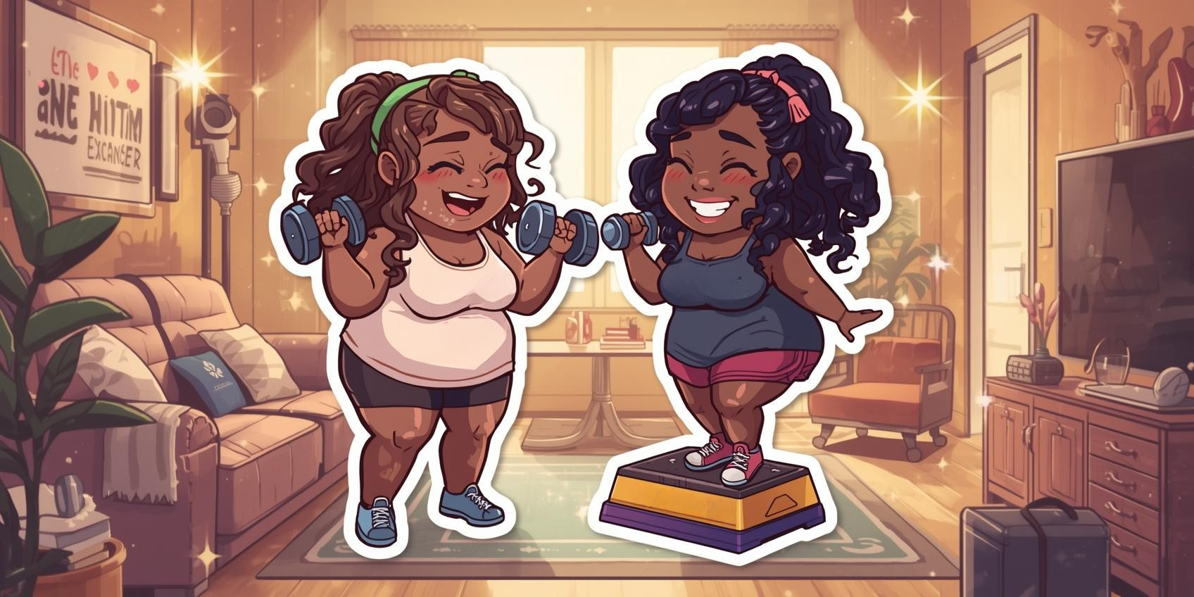 plus size women doing a plus size fitness workout in their apartment 