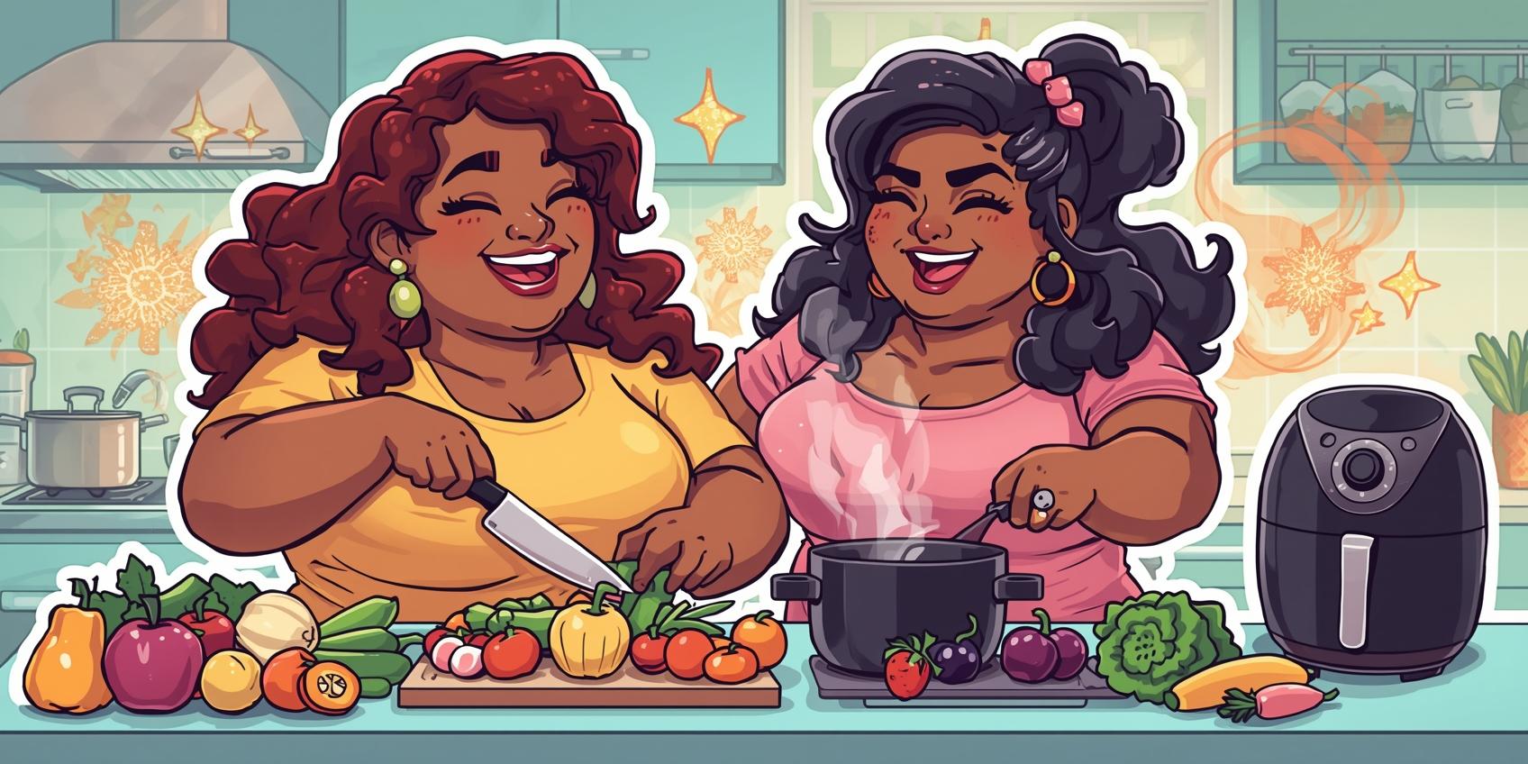 meal-prep-healthy-kitchen-tools-plus-size-health two plus size women in the kitchen prepping a healthy meal and having a fun time