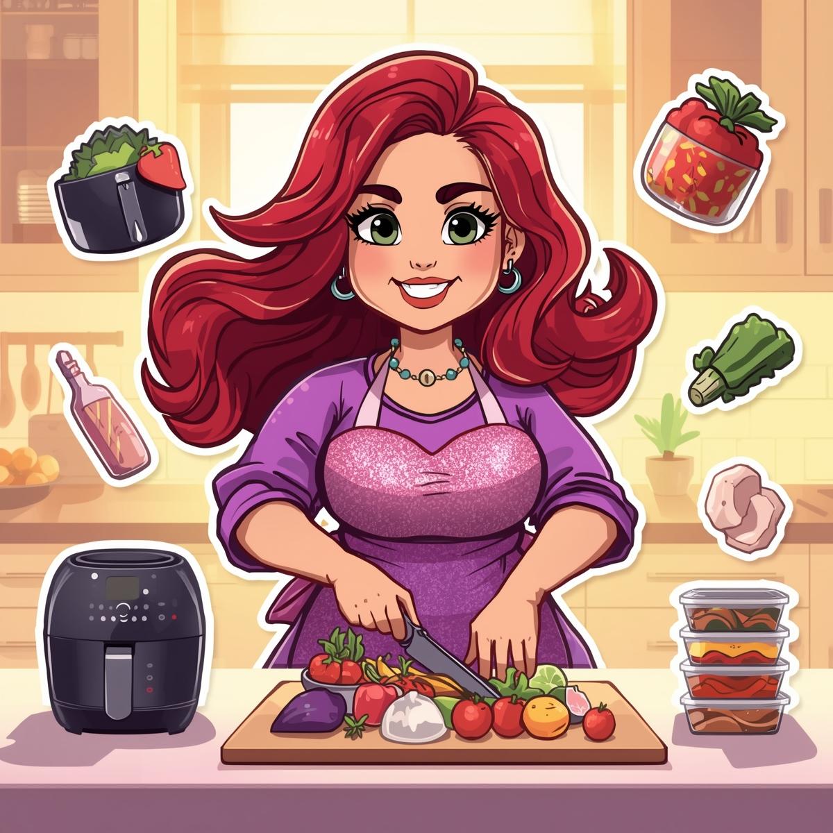 meal-prep-healthy-kitchen-tools-sticker Sticker illustration of a plus-size woman preparing food with healthy kitchen tools.