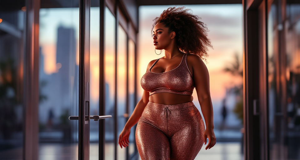 Plus size woman in sparkly rose-gold workout clothes walking into the gym at sunrise to begin her fitness journey.