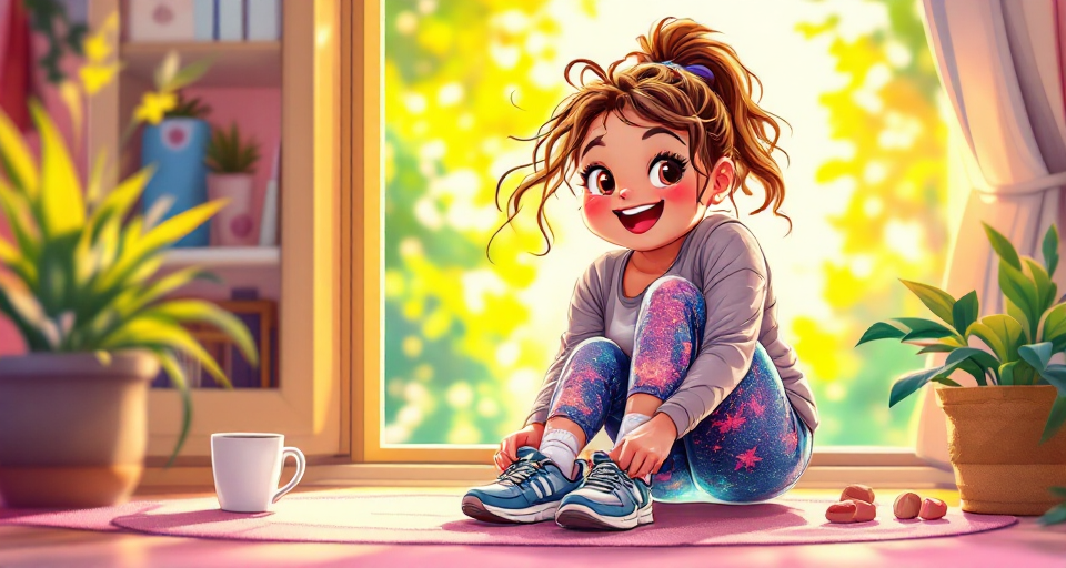 plus-size-fitness-journey-week1-imperfect-action-challenge Plus-size woman with messy ponytail and mismatched socks tying her sneakers, representing taking imperfect but consistent action on her fitness journey.