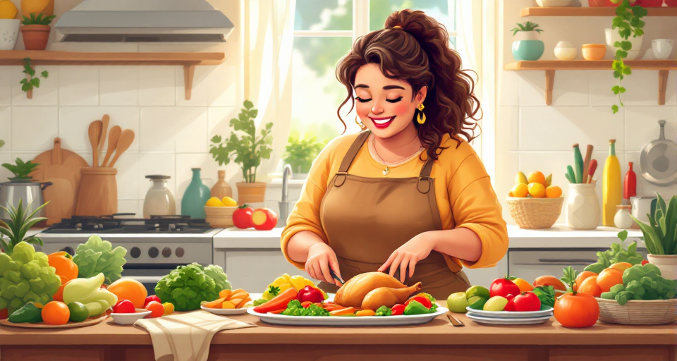 plus-size-fitness-journey-week1-meal-prep-roasted-chicken Plus-size woman preparing healthy meals in her kitchen to stay consistent on her fitness journey.