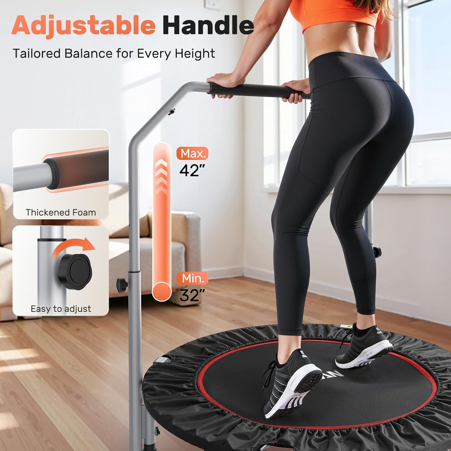 rebounder-trampoline-with-bar Mini rebounder trampoline with stability bar for low-impact cardio.