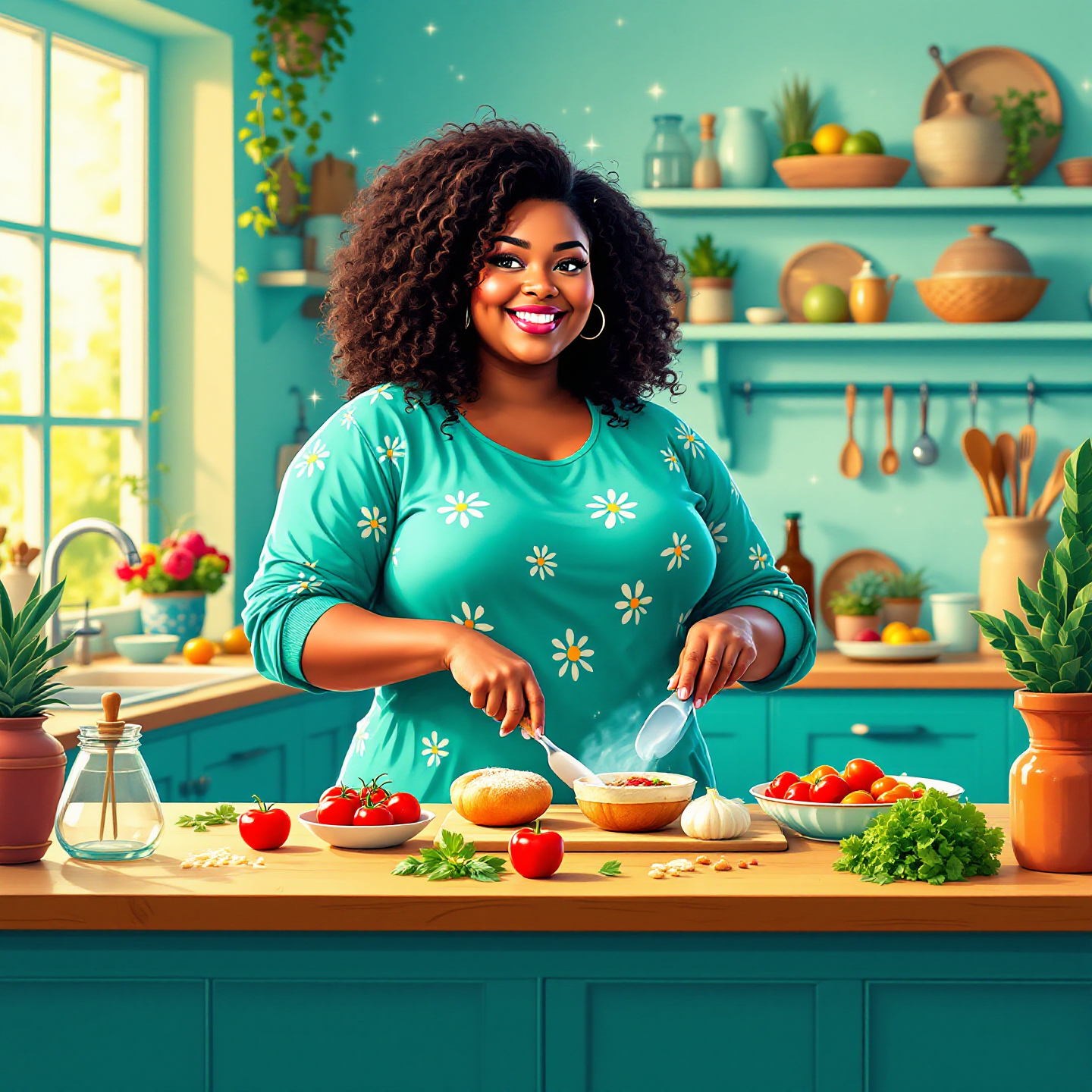 recipe-books-curvy-goddess Plus-size woman exploring three colorful recipe books for healthy meals, desserts, and smoothies.