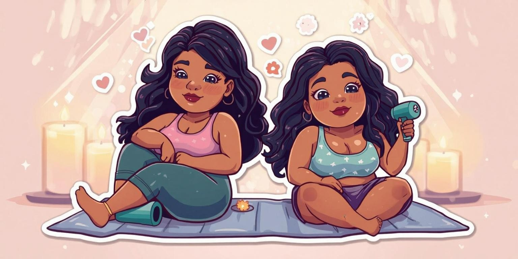 self-care-and-recovery-tools-plus-size two plus size women recovering after a plus size workout using a massager and a foam roller