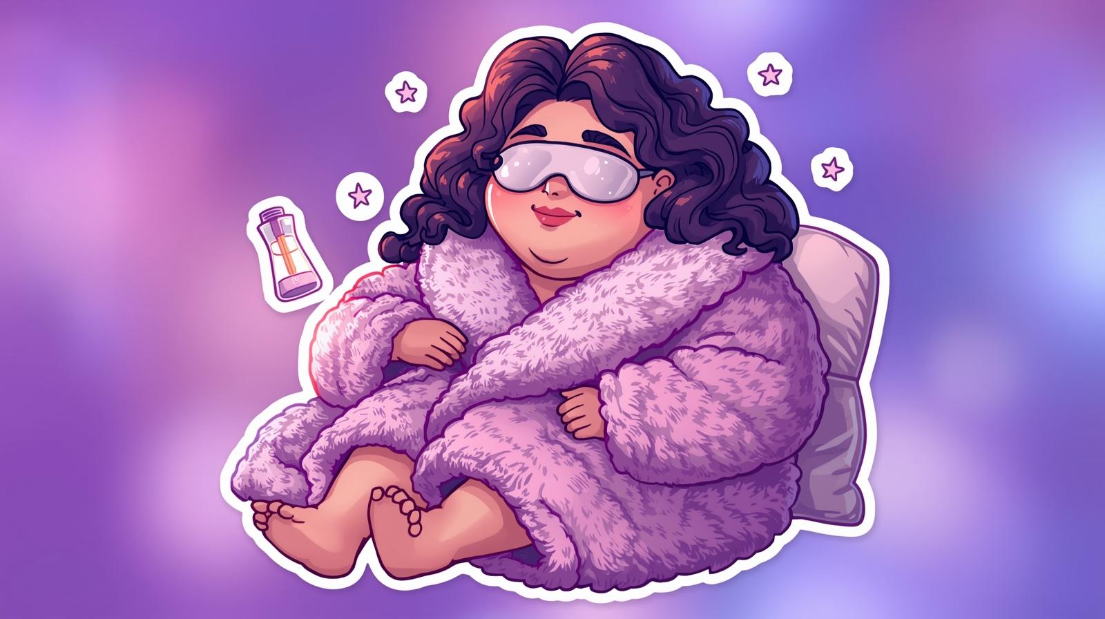 self-care-recovery-tools-sticker Sticker illustration of a plus-size woman relaxing with self-care and recovery tools.