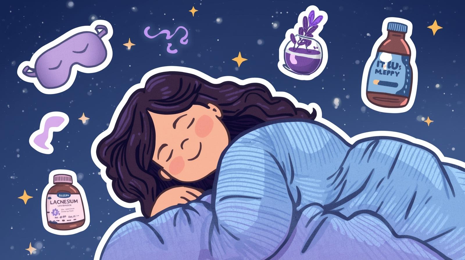sleep-better-recover-faster-sticker Sticker illustration of a plus-size woman with sleep and recovery tools.