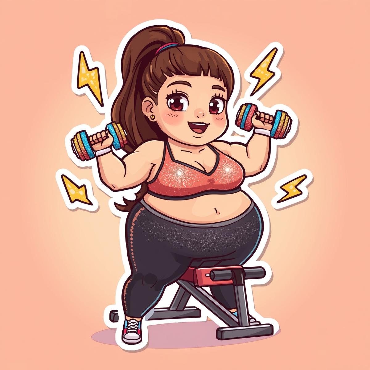 strength-training-for-curvy-bodies-sticker Sticker illustration of a plus-size woman strength training with curvy-body-friendly equipment.