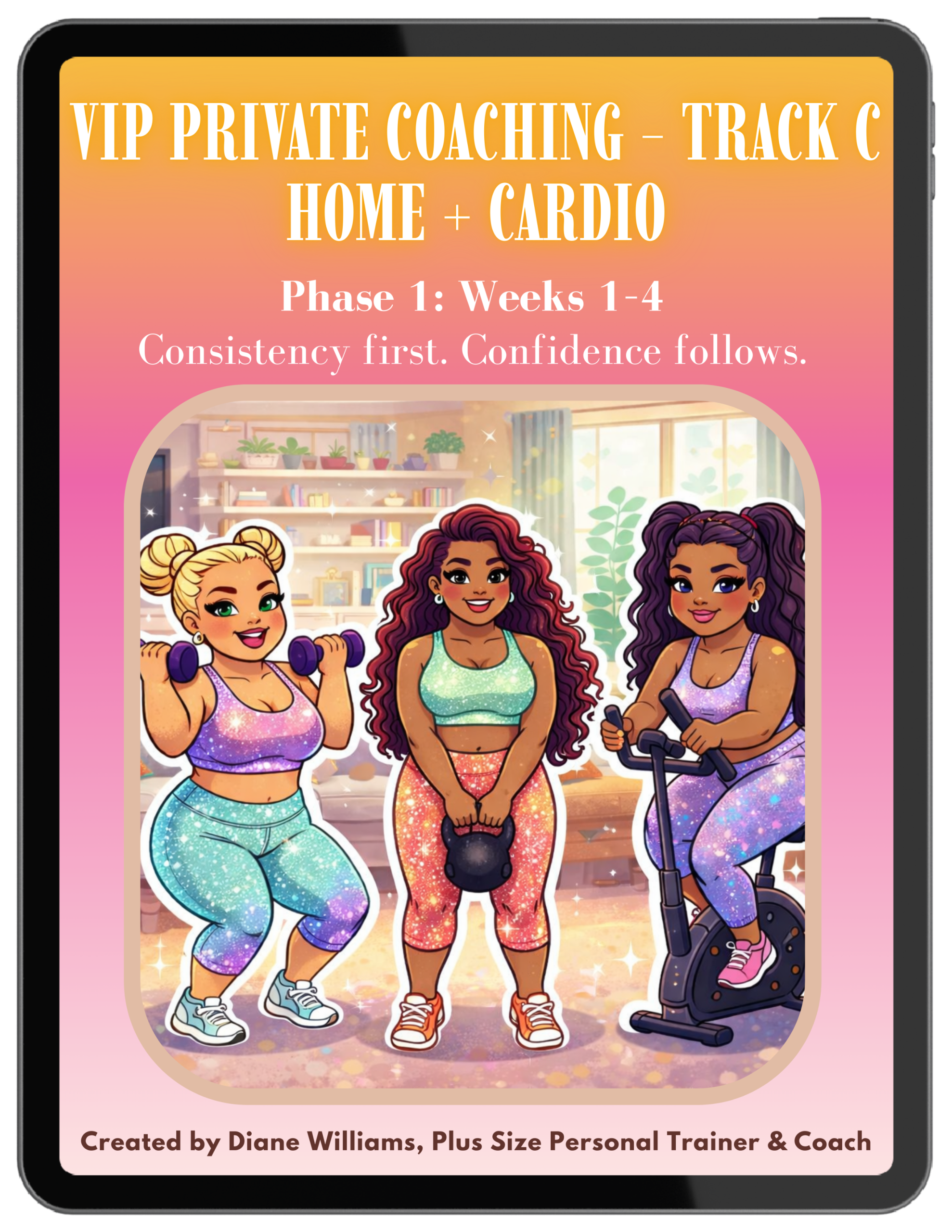Illustration of plus-size women exercising at home with dumbbells, kettlebells, and cardio equipment, representing flexible home workouts and confidence-building movement.